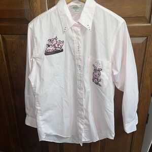 Las Olas Pigs Piggies Patches XS Button Down‎ Shirt  pink, white, brown stripes
